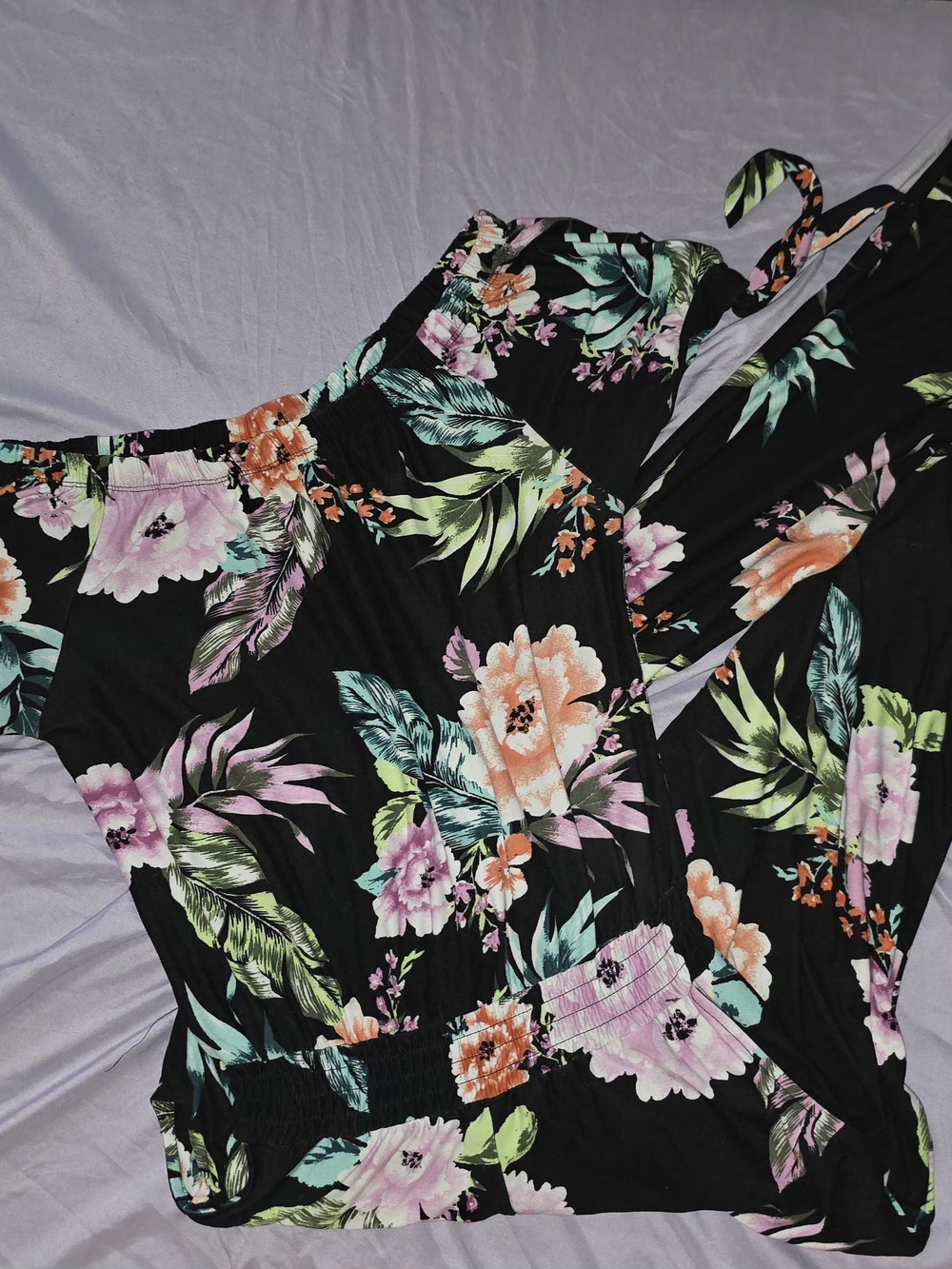 Bobbie Brooks Jumpsuit In Black with Coral and Light Pink Floral Accents